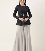 Ethnovog Ready To Wear Silver N Dark Grey Georgette Sequins Embroidered Gharara Set