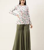 Ethnovog Ready To Wear Green N White Georgette Embroidered Gharara Set