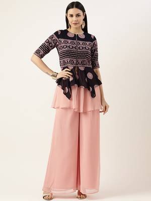 Ethnovog Ready To Wear Navy Blue Embroidered Peplum Top Set 1
