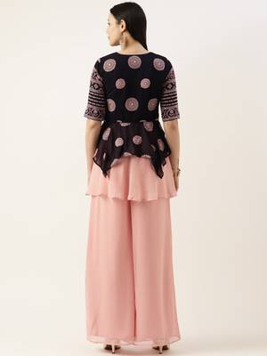 Ethnovog Ready To Wear Navy Blue Embroidered Peplum Top Set 2