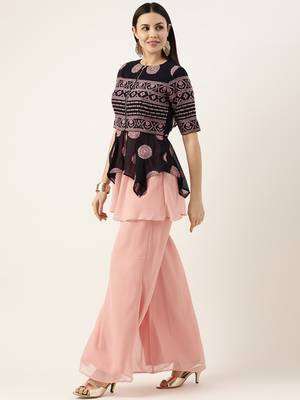 Ethnovog Ready To Wear Navy Blue Embroidered Peplum Top Set 3