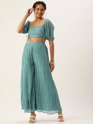 Ethnovog Ready To Wear Blue N White Printed Pleated Georgette Co-ords 1