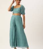 Ethnovog Ready To Wear Blue N White Printed Pleated Georgette Co-ords