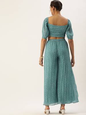 Ethnovog Ready To Wear Blue N White Printed Pleated Georgette Co-ords 2