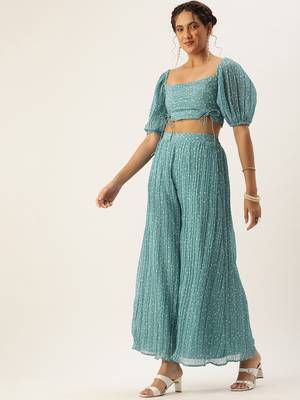 Ethnovog Ready To Wear Blue N White Printed Pleated Georgette Co-ords 3