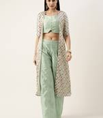 Ethnovog Ready To Wear White Jacket N Pista Green Embroidered Palazzo Set