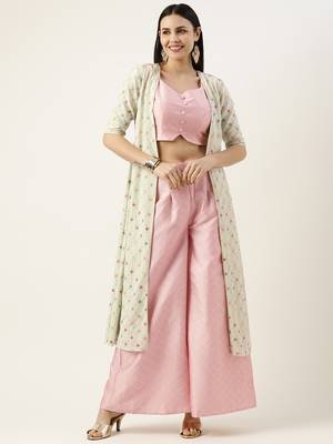 Ethnovog Ready To Wear Green Jacket N Rouge Pink Embroidered Palazzo Set 1