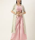 Ethnovog Ready To Wear Green Jacket N Rouge Pink Embroidered Palazzo Set