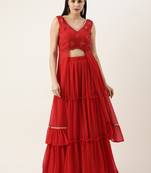 Ethnovog Ready To Wear Red Georgette Embroidered Sharara Set