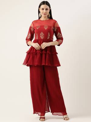 Ethnovog Ready To Wear Maroon Georgette Sequins Wide Leg Pant Set 1