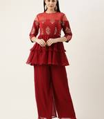 Ethnovog Ready To Wear Maroon Georgette Sequins Wide Leg Pant Set