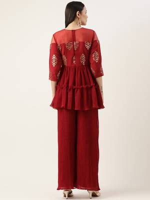 Ethnovog Ready To Wear Maroon Georgette Sequins Wide Leg Pant Set 2