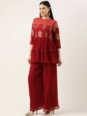 Ethnovog Ready To Wear Maroon Georgette Sequins Wide Leg Pant Set 3