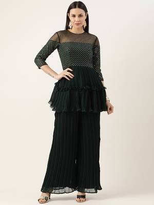 Ethnovog Ready To Wear Green Georgette Sequins Wide Leg Pant Set 1