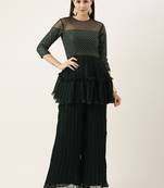 Ethnovog Ready To Wear Green Georgette Sequins Wide Leg Pant Set