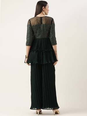 Ethnovog Ready To Wear Green Georgette Sequins Wide Leg Pant Set 2