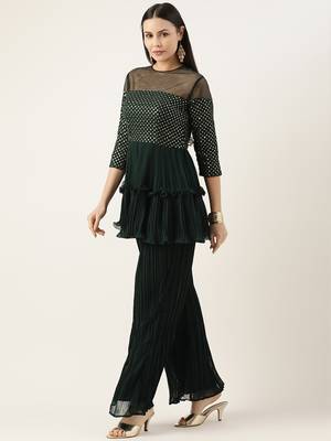 Ethnovog Ready To Wear Green Georgette Sequins Wide Leg Pant Set 3