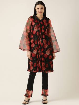 Ethnovog Ready To Wear Black Digital Printed Organza Kurta Set 1