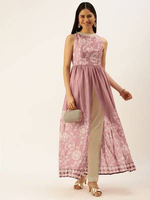 Ethnovog Ready To Wear Pink Foil Print Chinnon N Beige Satin Kurta Sets 1