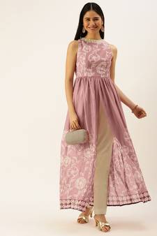 Ethnovog Ready To Wear Pink Foil Print Chinnon N Beige Satin Kurta Sets