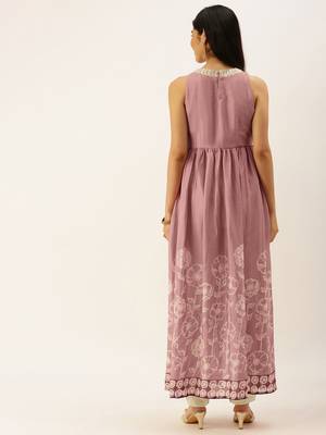 Ethnovog Ready To Wear Pink Foil Print Chinnon N Beige Satin Kurta Sets 2