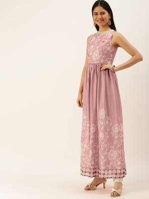 Ethnovog Ready To Wear Pink Foil Print Chinnon N Beige Satin Kurta Sets 3