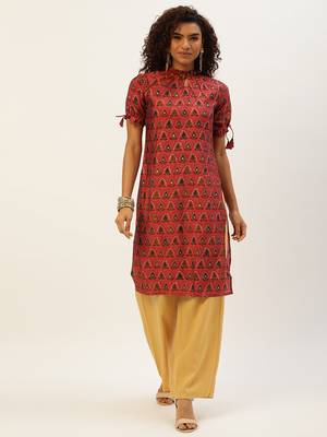 Ethnovog Ready To Wear Printed Pink N Cream Rayon Kurta set 1
