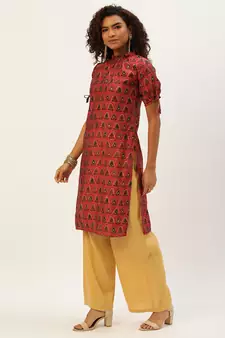 Ethnovog Ready To Wear Printed Pink N Cream Rayon Kurta set