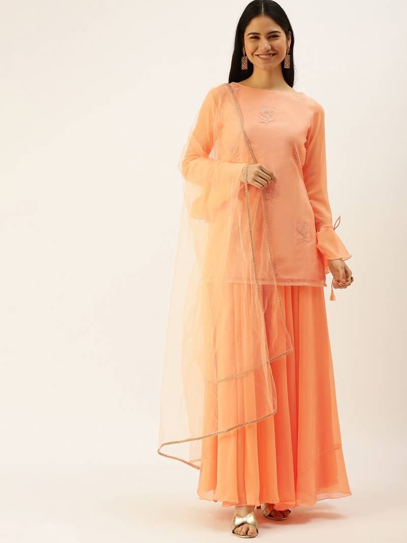 Ethnovog Ready To Wear Peach Embroidered Sharara Suit