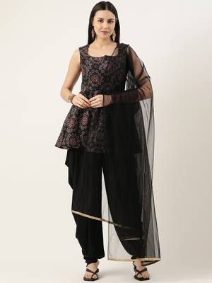 Ethnovog Ready To Wear Black Art Silk Digital Print Dhoti Pant Set 1