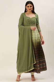 Ethnovog Ready To Wear Green Printed Kali N Embroidered Anarkali Suit
