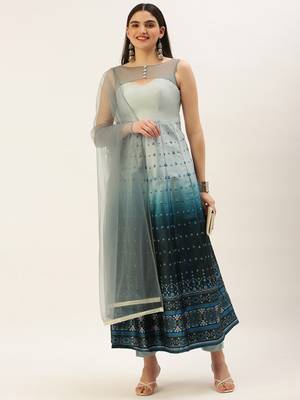 Ethnovog Ready To Wear Grey N Blue Taffeta Printed Anarkali Suit 1