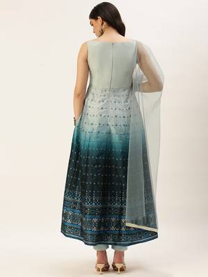 Ethnovog Ready To Wear Grey N Blue Taffeta Printed Anarkali Suit 2