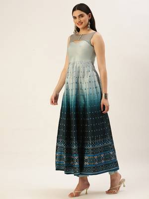 Ethnovog Ready To Wear Grey N Blue Taffeta Printed Anarkali Suit 3