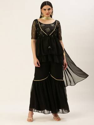 Ethnovog Ready To Wear Black Chinon Embroidered N Sequins Gharara Set 1