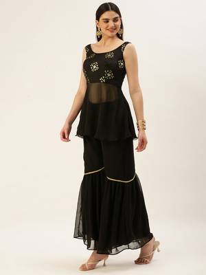 Ethnovog Ready To Wear Black Chinon Embroidered N Sequins Gharara Set 3
