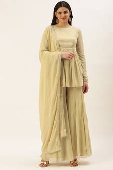 Ethnovog Ready To Wear Beige Georgette Foil Printed Gharara Suit