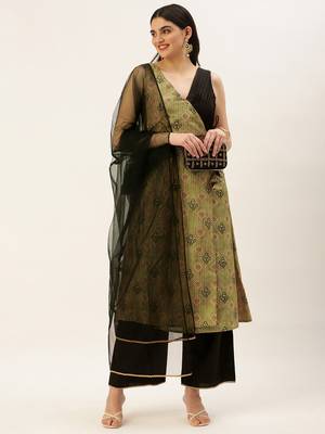 Ethnovog Ready To Wear Black N Green Printed Art Silk Anarkali Set 1