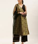 Ethnovog Ready To Wear Black N Green Printed Art Silk Anarkali Set
