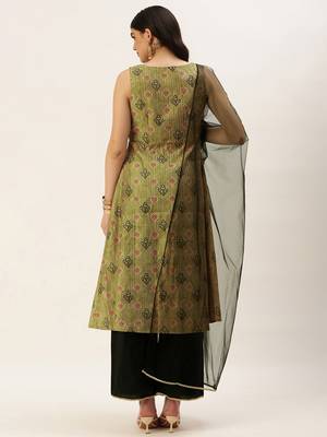 Ethnovog Ready To Wear Black N Green Printed Art Silk Anarkali Set 2