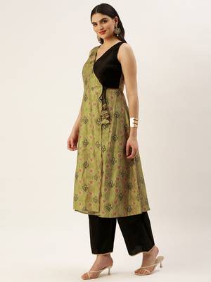 Ethnovog Ready To Wear Black N Green Printed Art Silk Anarkali Set 3