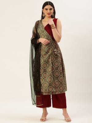 Ethnovog Ready To Wear Maroon N Grey Printed Art Silk Anarkali Set 1
