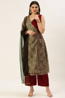 Ethnovog Ready To Wear Maroon N Grey Printed Art Silk Anarkali Set