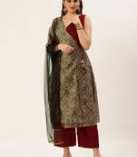 Ethnovog Ready To Wear Maroon N Grey Printed Art Silk Anarkali Set