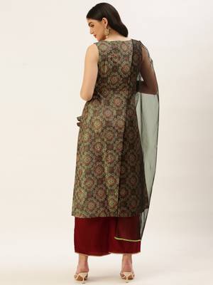 Ethnovog Ready To Wear Maroon N Grey Printed Art Silk Anarkali Set 2