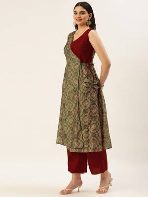 Ethnovog Ready To Wear Maroon N Grey Printed Art Silk Anarkali Set 3