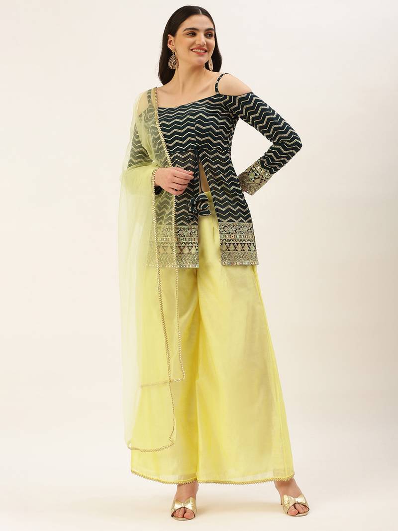 Ethnovog Ready To Wear Green Embroidered Cold shoulder Palazzo Set