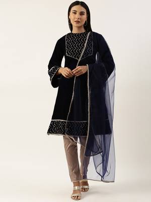 Ethnovog Ready To Wear Blue Velvet Embroidered Straight Pant Suit 1