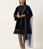 Ethnovog Ready To Wear Blue Velvet Embroidered Straight Pant Suit