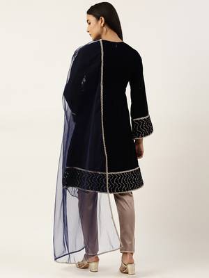 Ethnovog Ready To Wear Blue Velvet Embroidered Straight Pant Suit 2